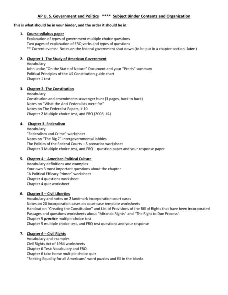 Ap U S Ernment And Politics  Subject Binder