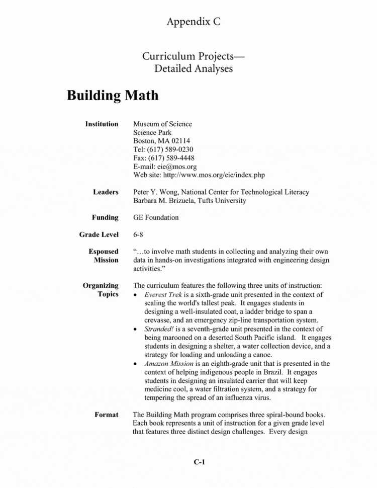 Appendix C Curriculum Projects  Detailed Analyses Appendix C Curriculum Projects  Detailed Analyses