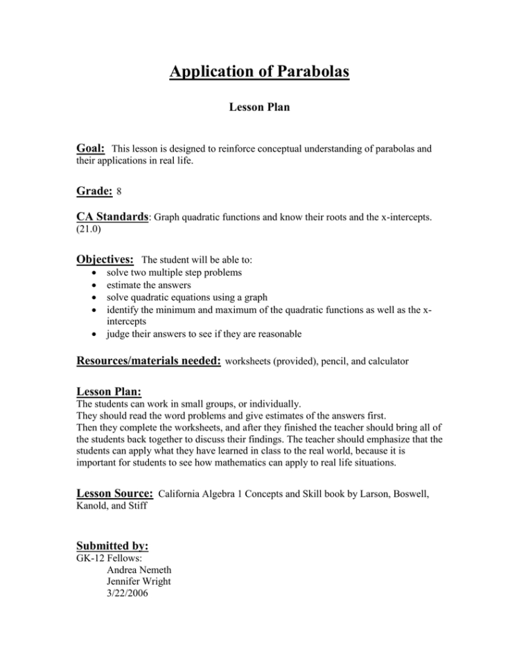 Application Of Parabolas
