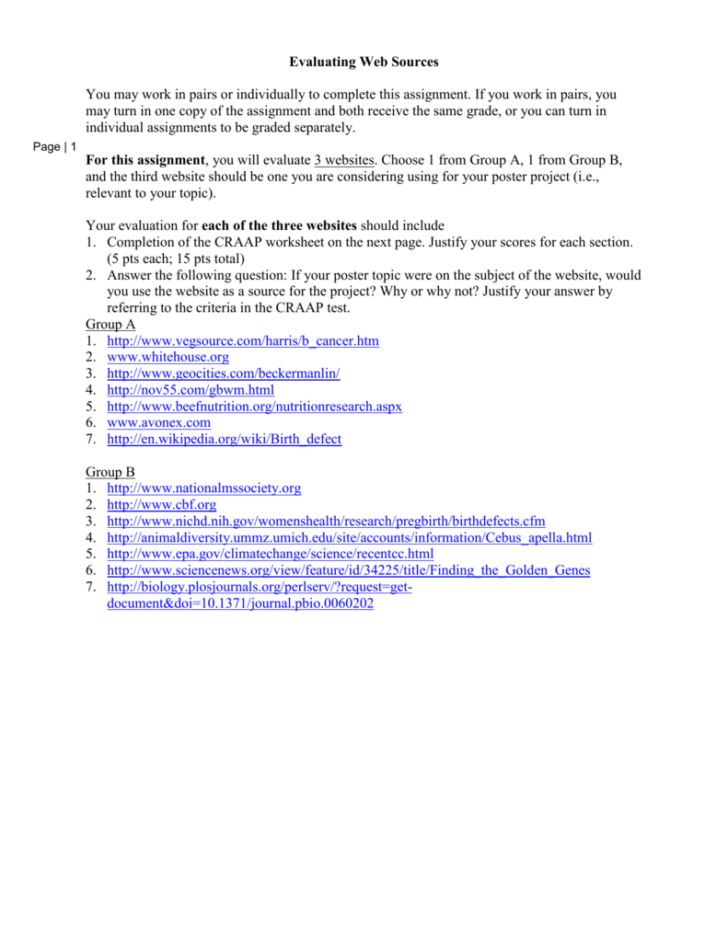 Craap Test Worksheet