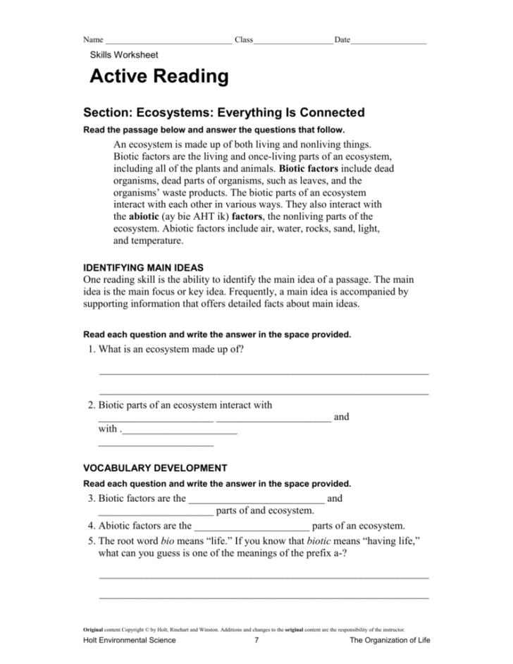 Skills Worksheet Active Reading Answer Key