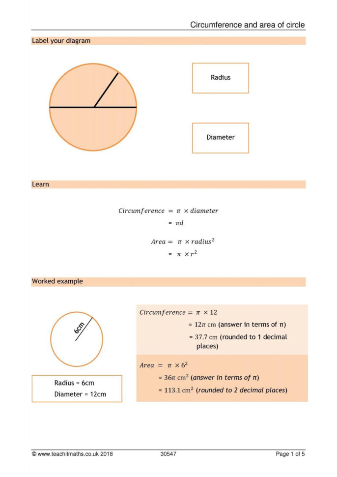 Area And Circumference Of A Circle Worksheet Answers