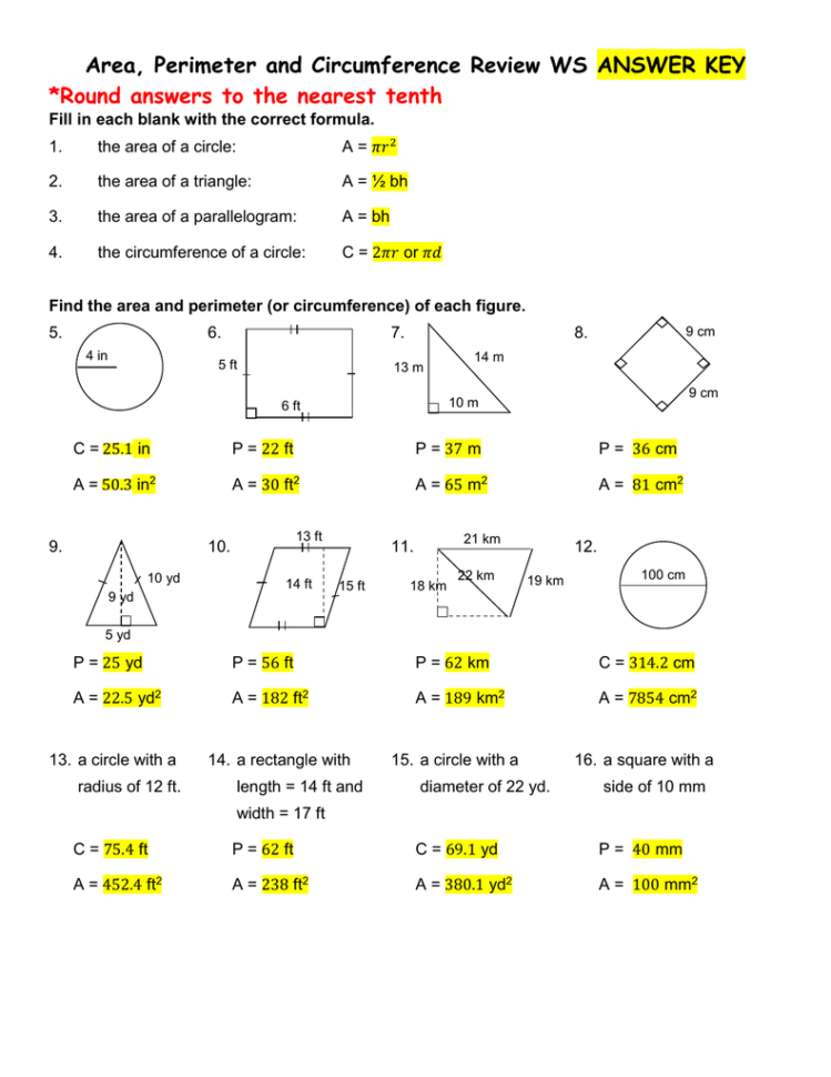 Area Perimeter And Circumference Review Ws