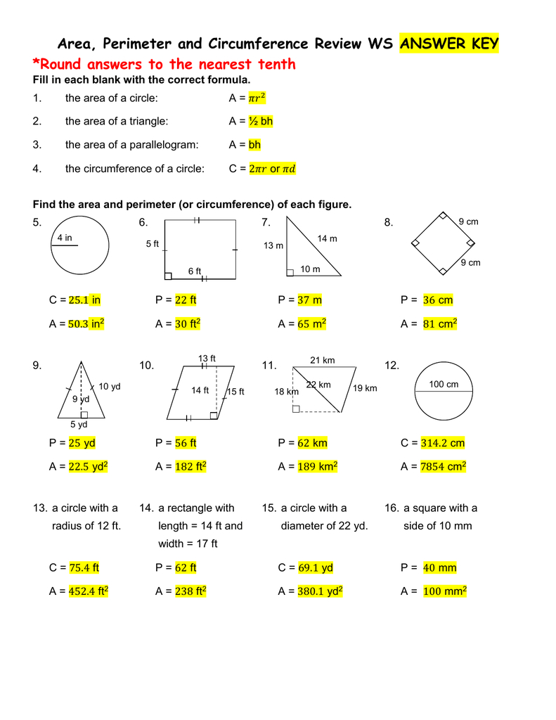 Circle Circumference Worksheet Answer Key