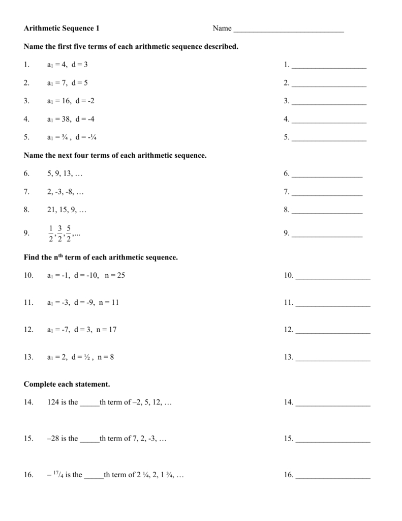 sum of arithmetic sequence worksheet with answers pdf