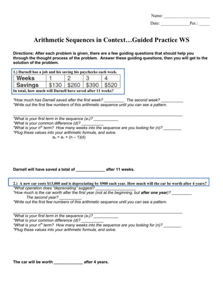 Arithmetic Sequence Worksheet Pdf