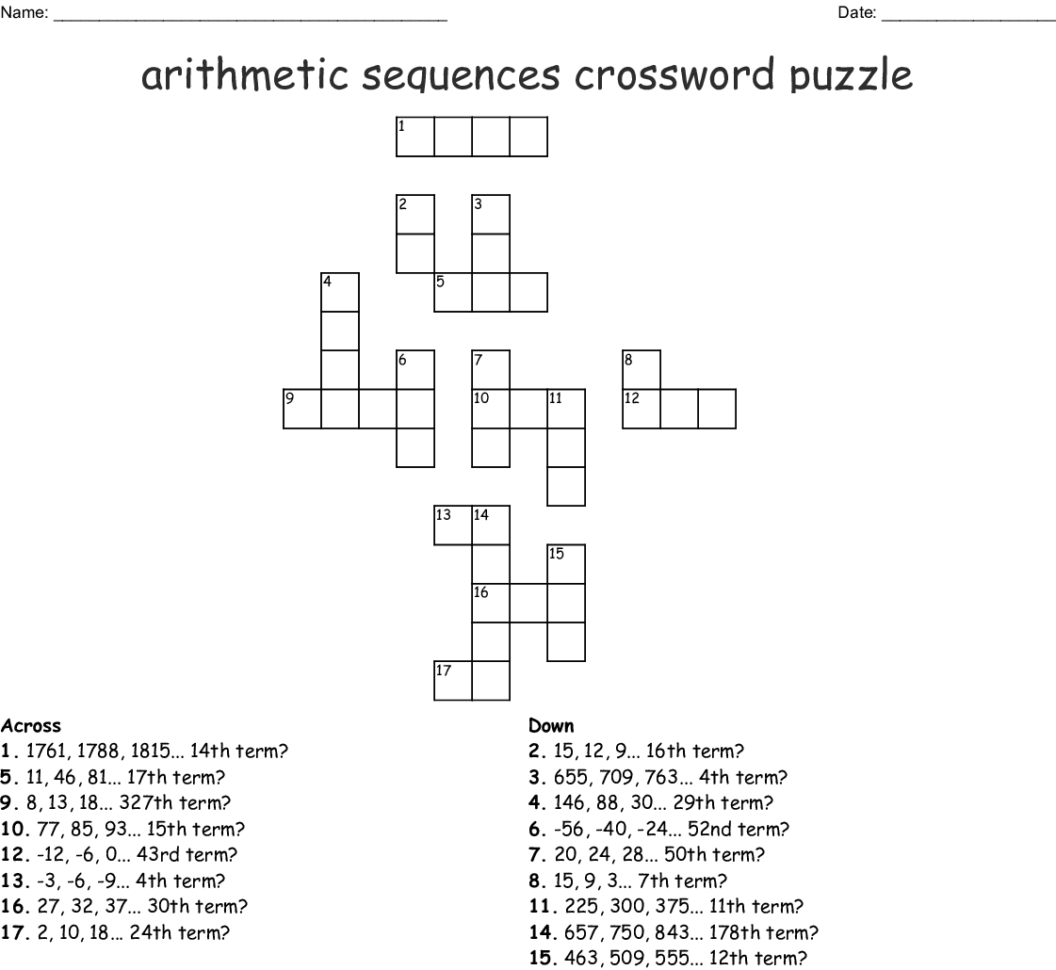 Arithmetic Sequences Crossword Puzzle  Word