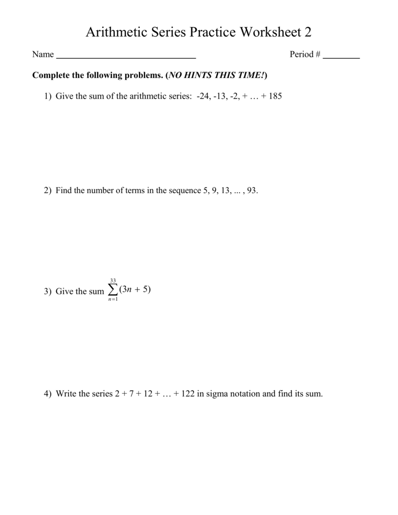 Arithmetic Series Practice Worksheet 2