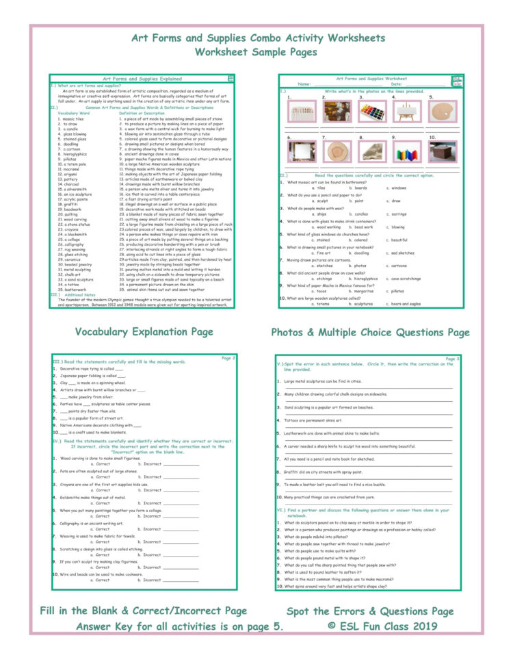 Art Forms And Supplies Combo Activity Worksheets