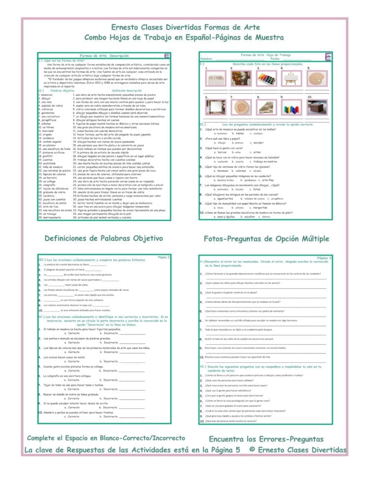 Art Forms Combo Activities Spanish Worksheets