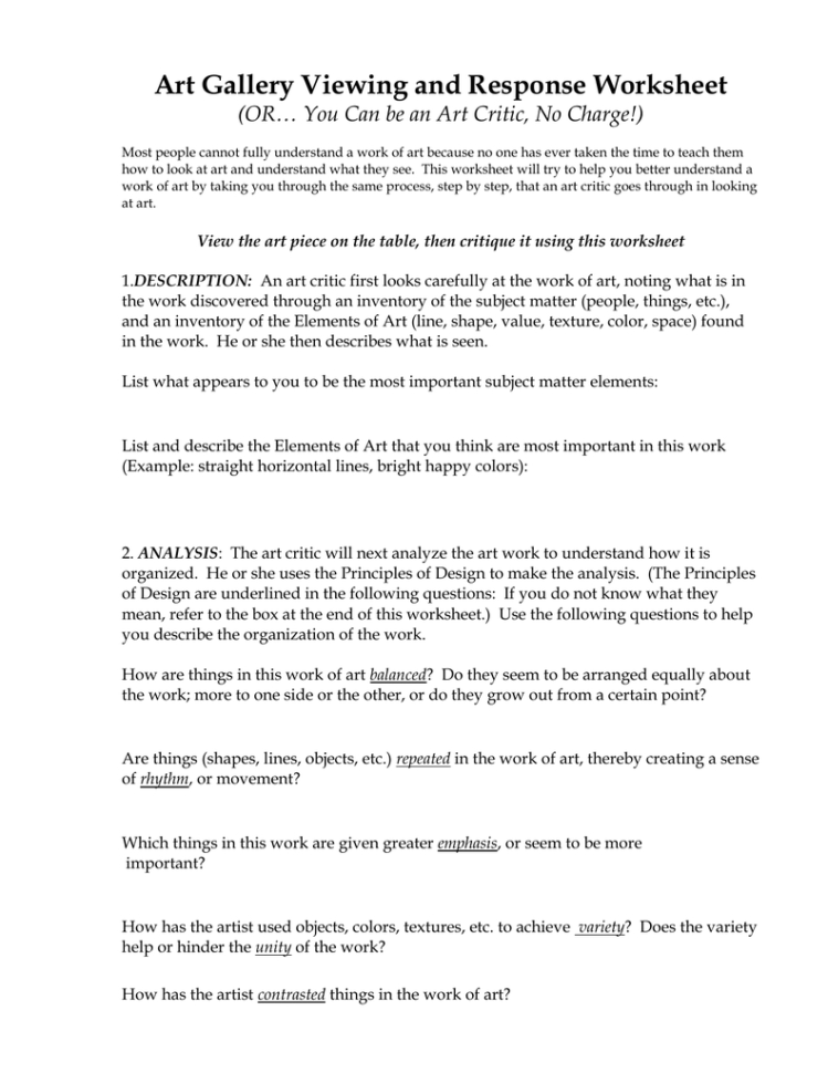 Art Gallery Viewing And Response Worksheet