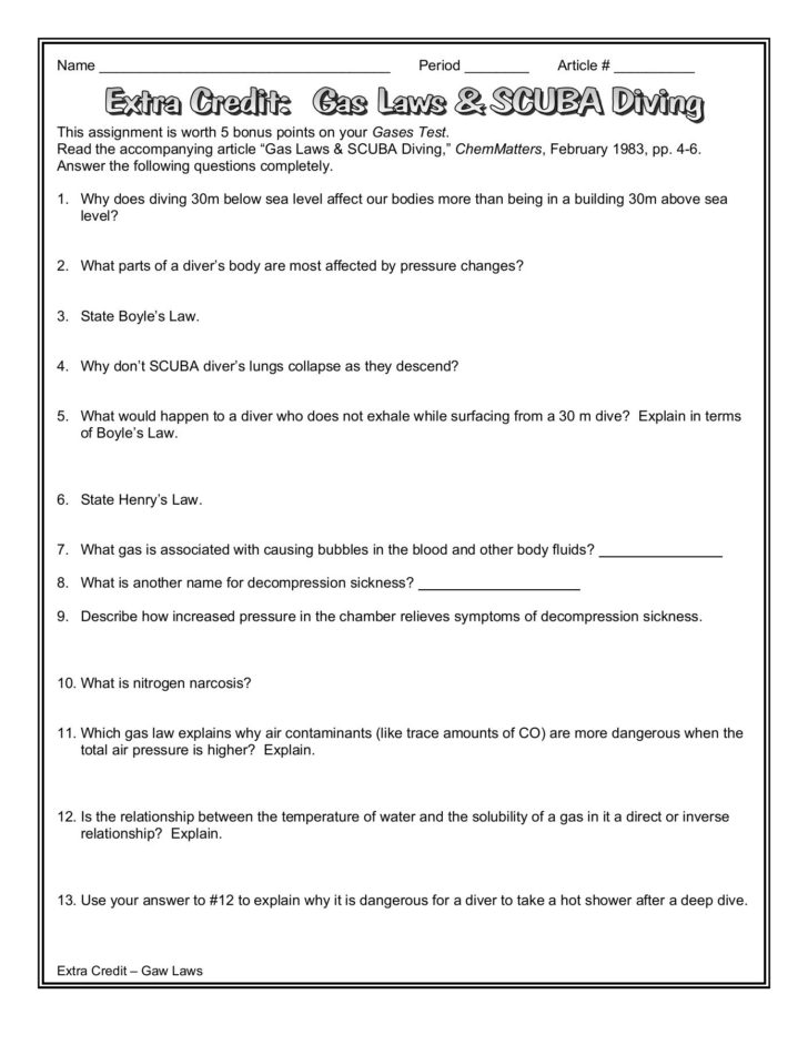 Gas Laws And Scuba Diving Worksheet Answers —