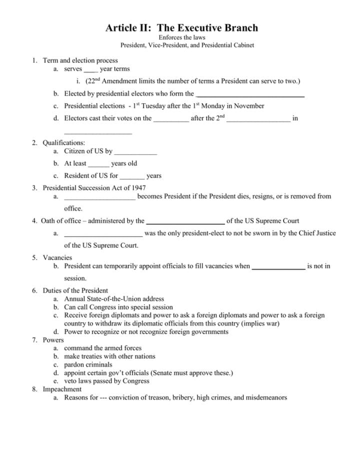 Article 2 The Executive Branch Worksheet Answers
