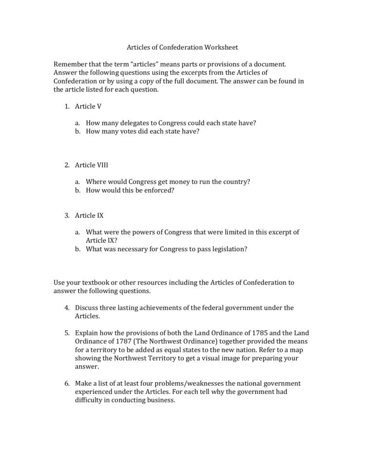 Articles Of Confederation Worksheet Remember That The Term