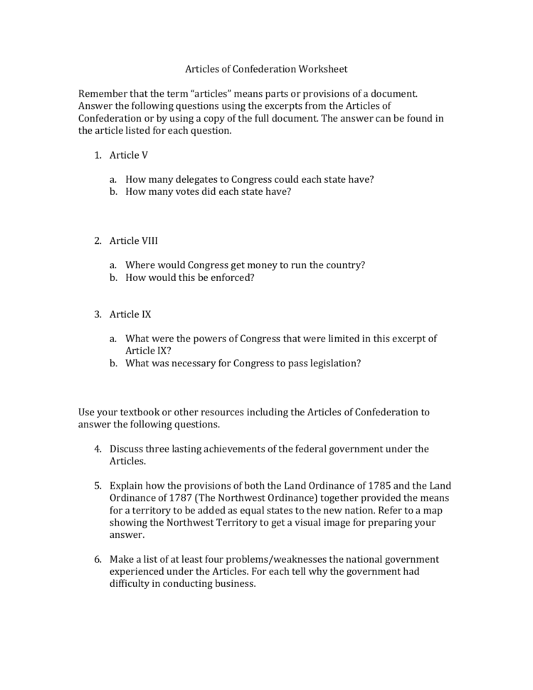 Articles Of Confederation Worksheet Remember That The Term