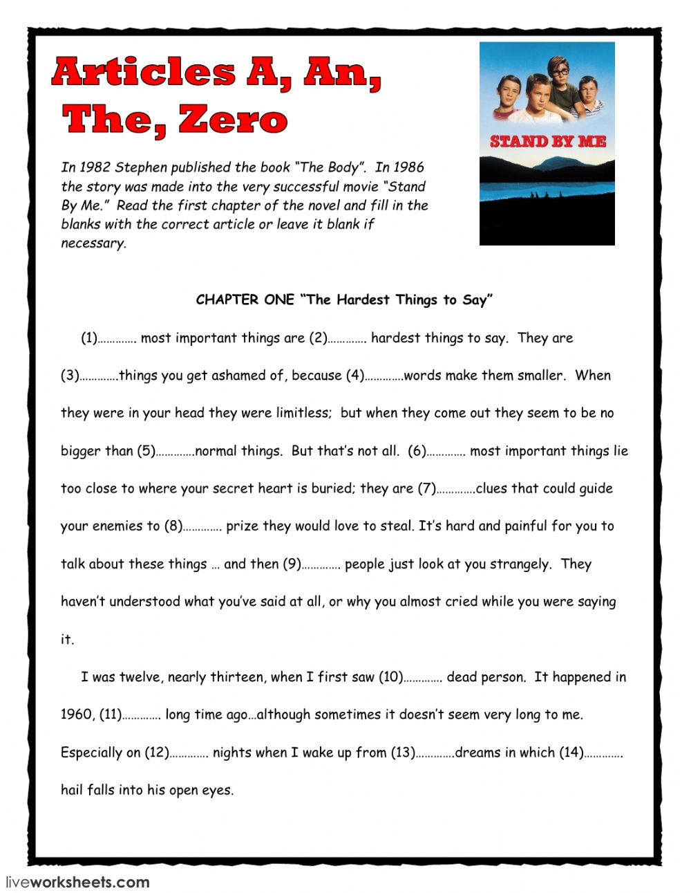 Articles The Bodystephen King  Interactive Worksheet