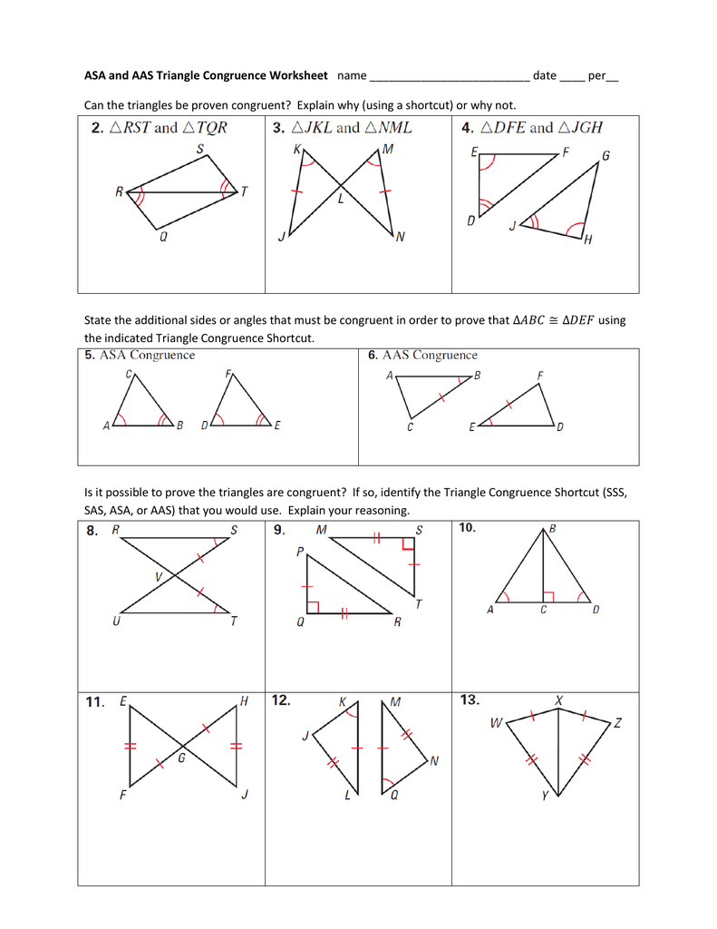 Asa And Aas Triangle Congruence Worksheet Name Date  Per