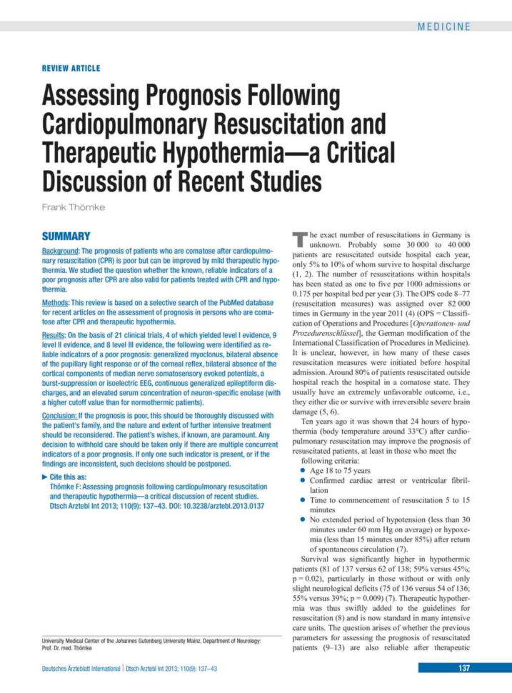 Assessing Prognosis Following Cardiopulmonary Resuscitation