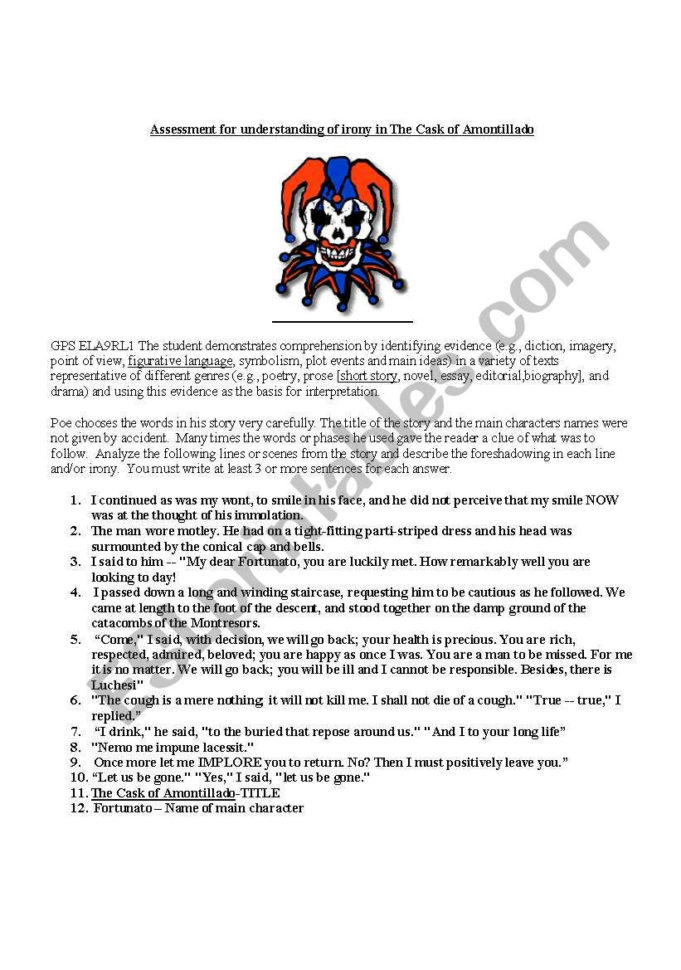 Assessment For Understanding Of Irony In The Cask Of