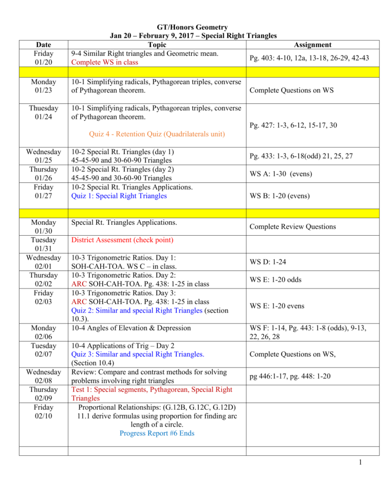 Assignment Sheet  Special Right Triangles And Trig