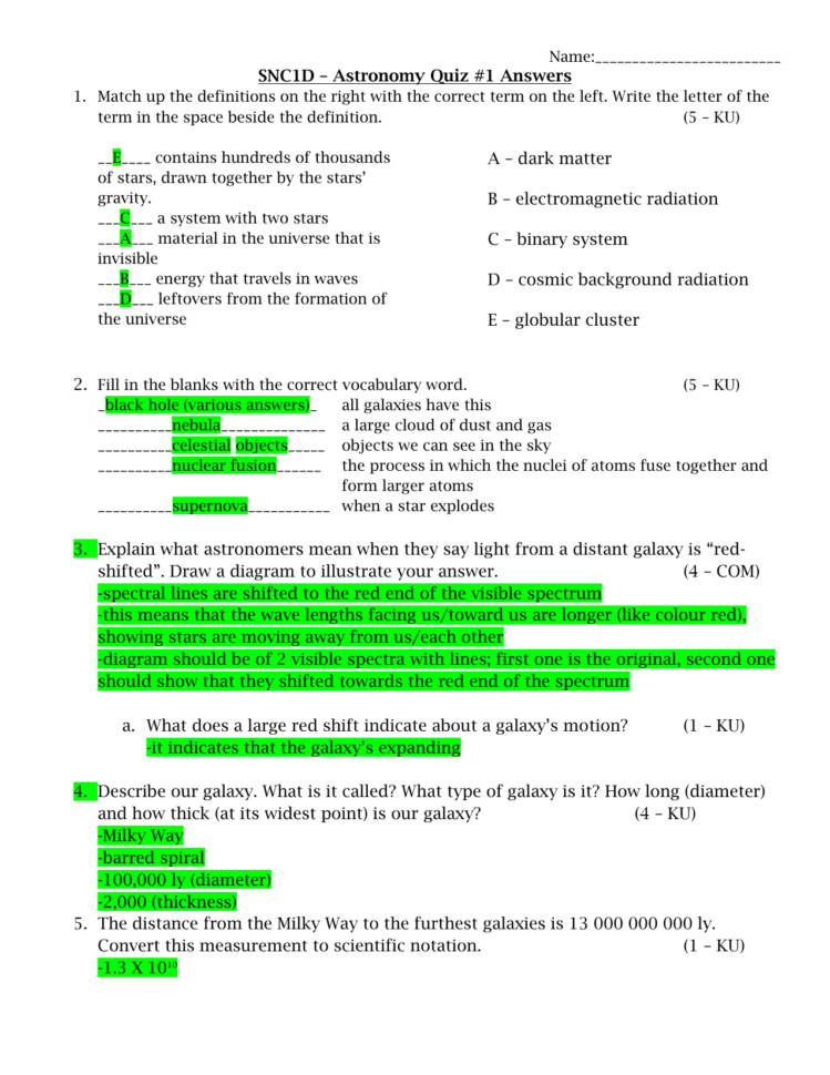 Astronomy Quiz 1 Answers