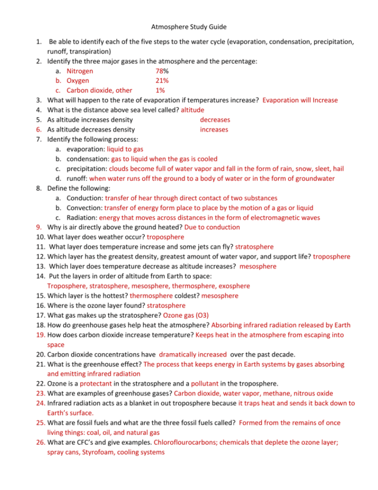 Atmosphere Study Guide Answer Key