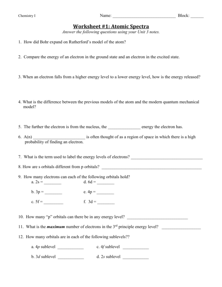 Atomic Spectra Worksheet Answers — Db-excel.com