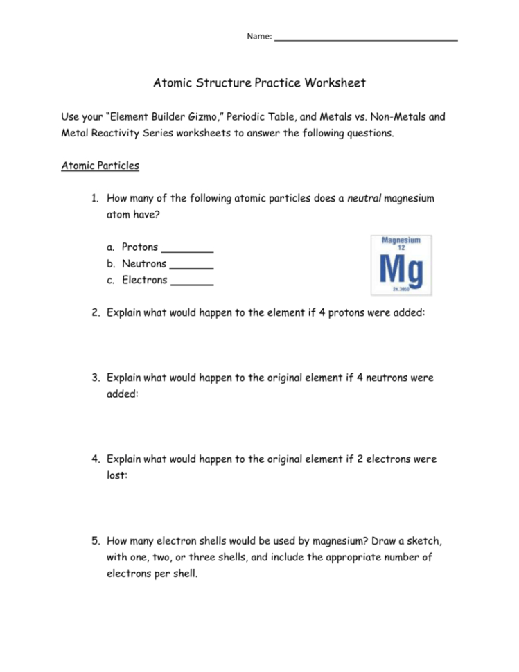 Atomic Structure Practice Worksheet