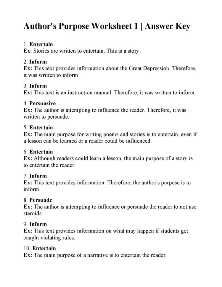 Author's Purpose Worksheet 1  Answers