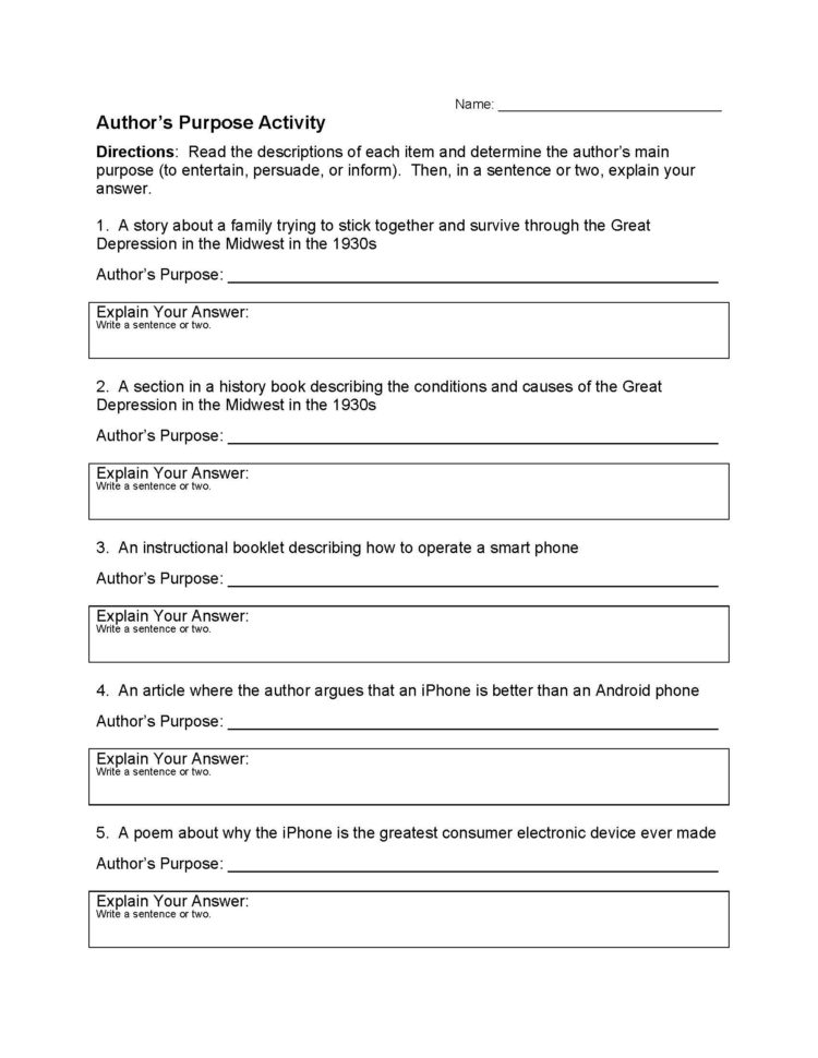 Author's Purpose Worksheet 1  Preview