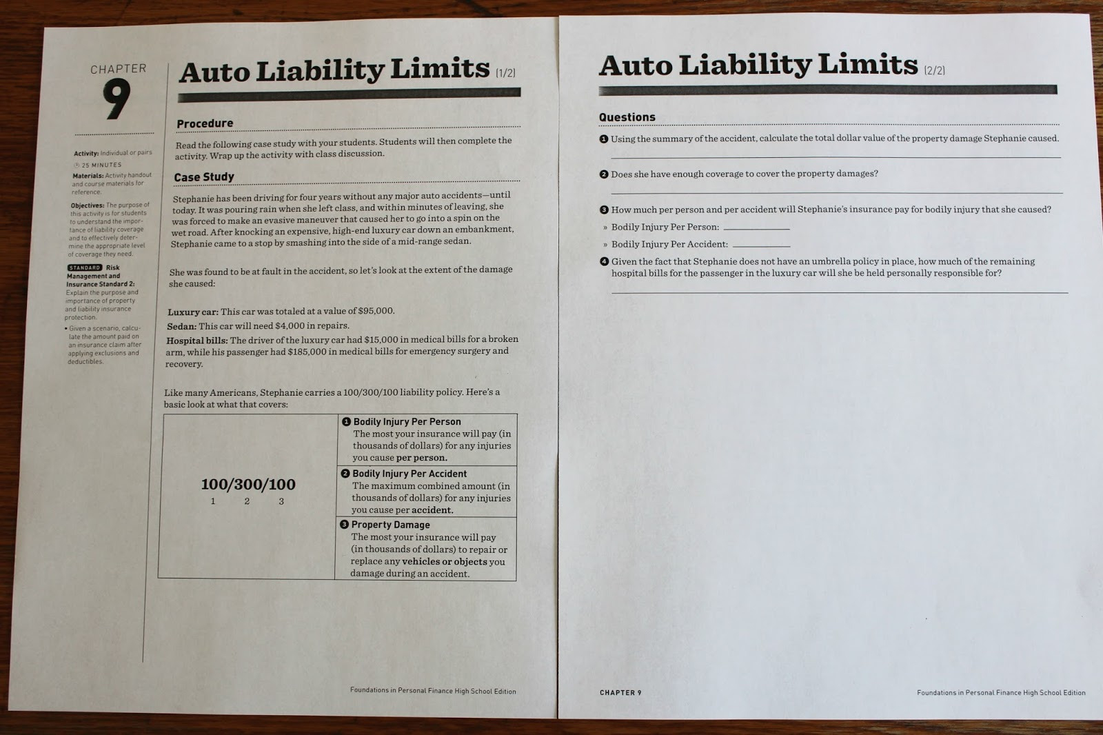 Auto Liability Limits Worksheet Answers Chapter 9 Db excel