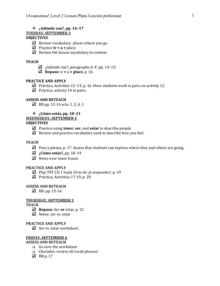 Avancemos Level 2 Lesson Plans Lección Preliminar ¿adónde Van