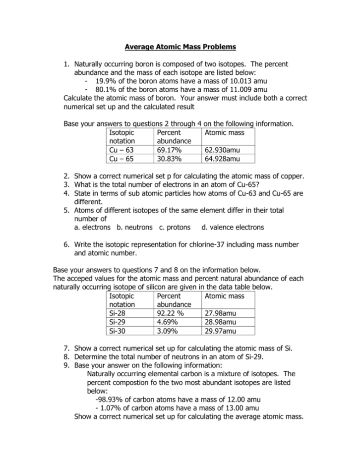 Isotopes And Average Atomic Mass Worksheet