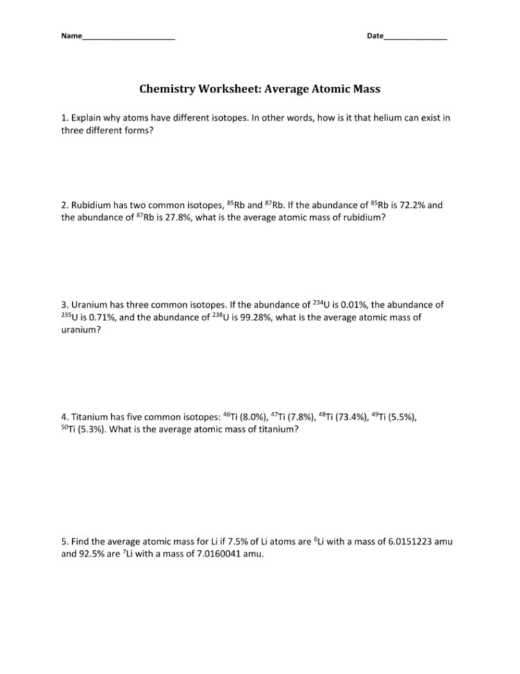 Average Atomic Mass Wksht