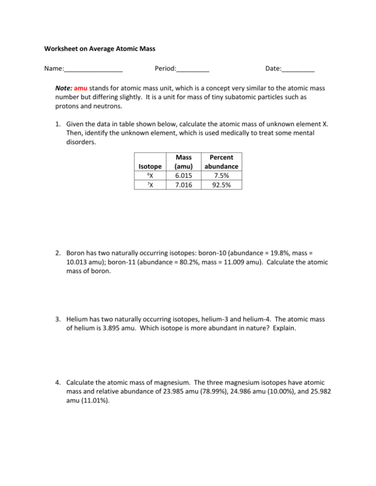 Average Atomic Mass Worksheet