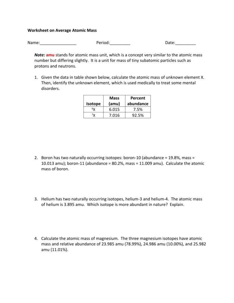 Average Atomic Mass Worksheet