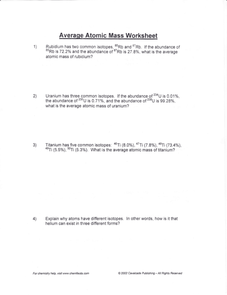 Average Atomic Mass Worksheet