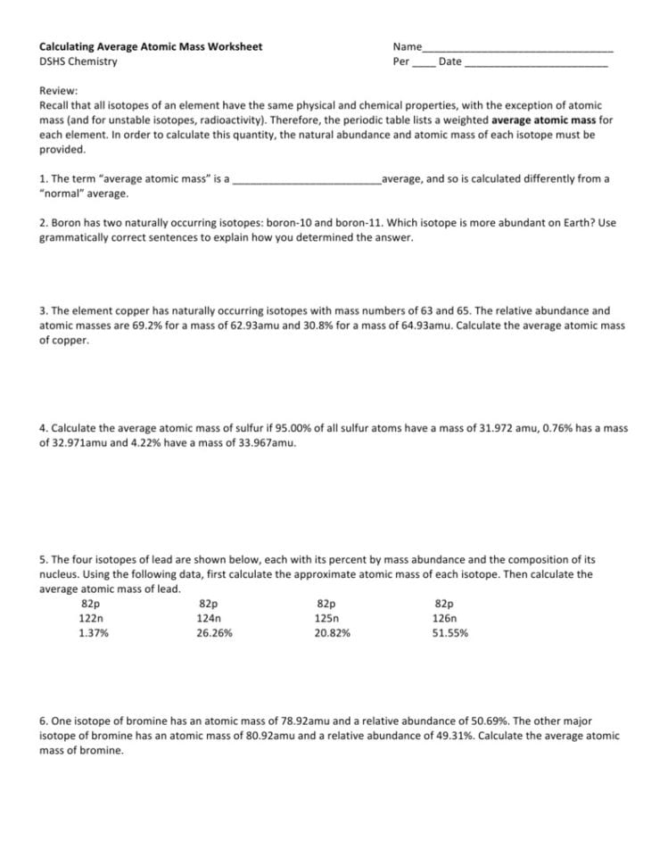 Average Atomic Mass Worksheet Answers  Soccerphysicsonline