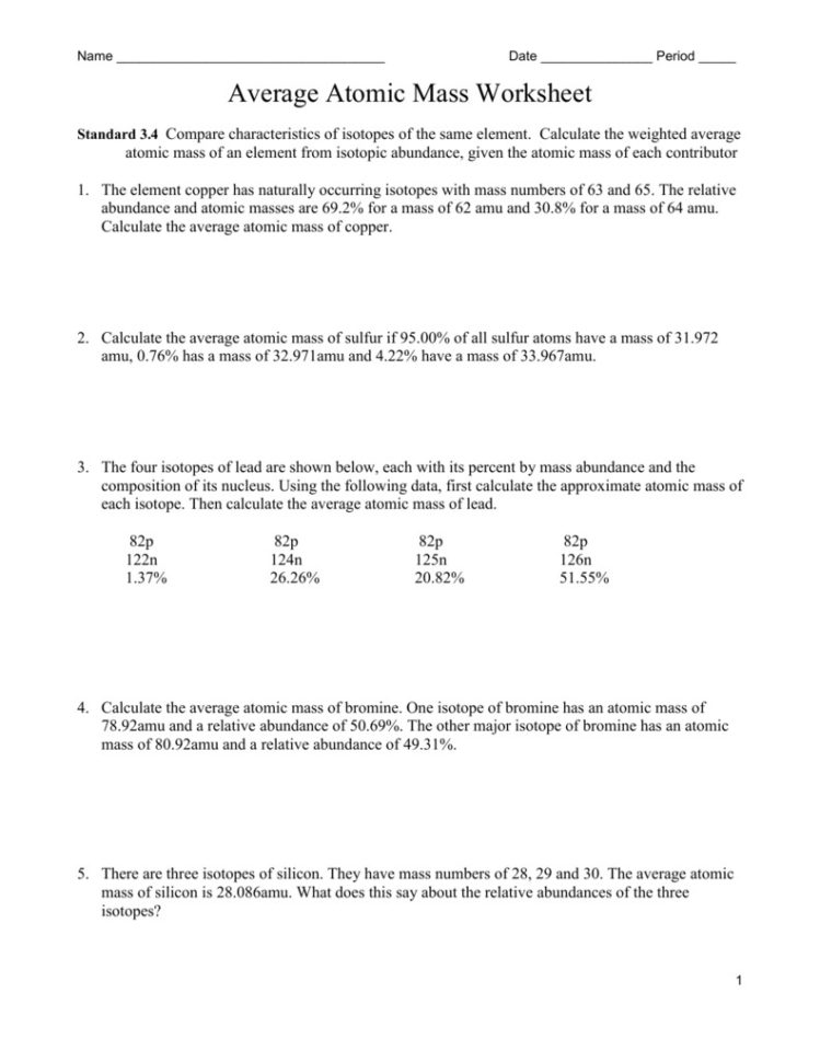Average Atomic Mass Worksheet Answers  Soccerphysicsonline