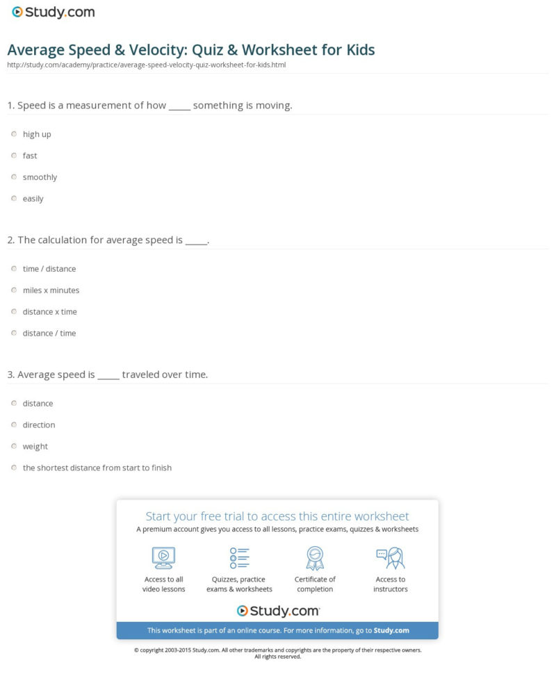Average Speed  Velocity Quiz  Worksheet For Kids  Study
