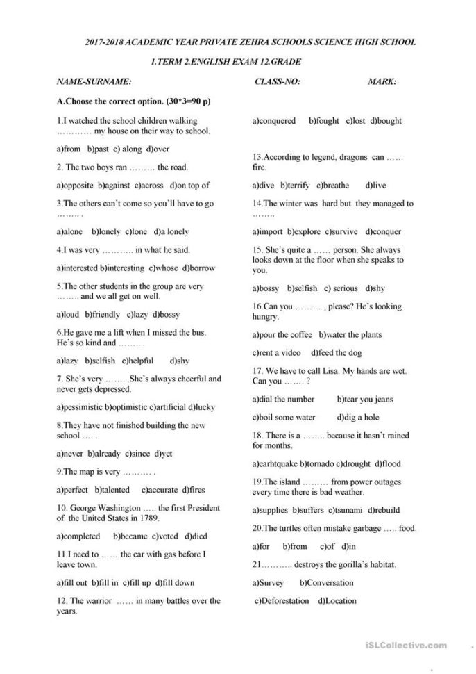 B1 Second Exam For 9 Grades Worksheet  Free Esl Printable
