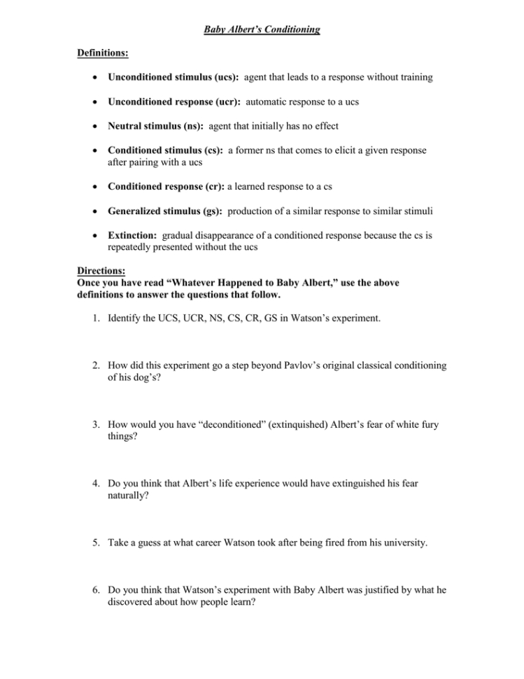 Baby Albert Question Sheet