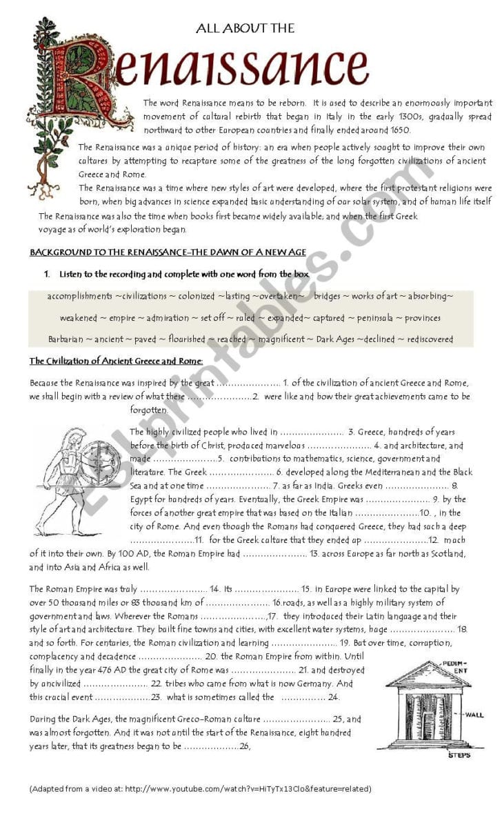 Background To The Renaissance Esl Worksheet — db-excel.com