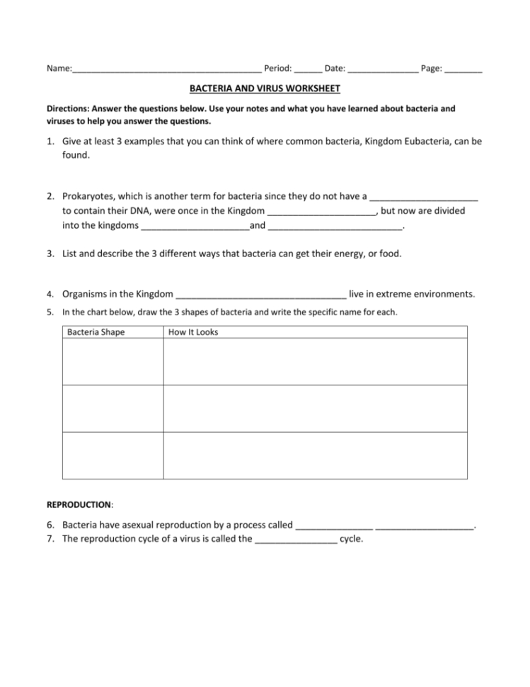 Bacteria And Virus Worksheet 1 Give At Least 3