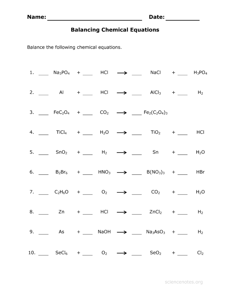 Balance Chemical Equations Practice Sheet