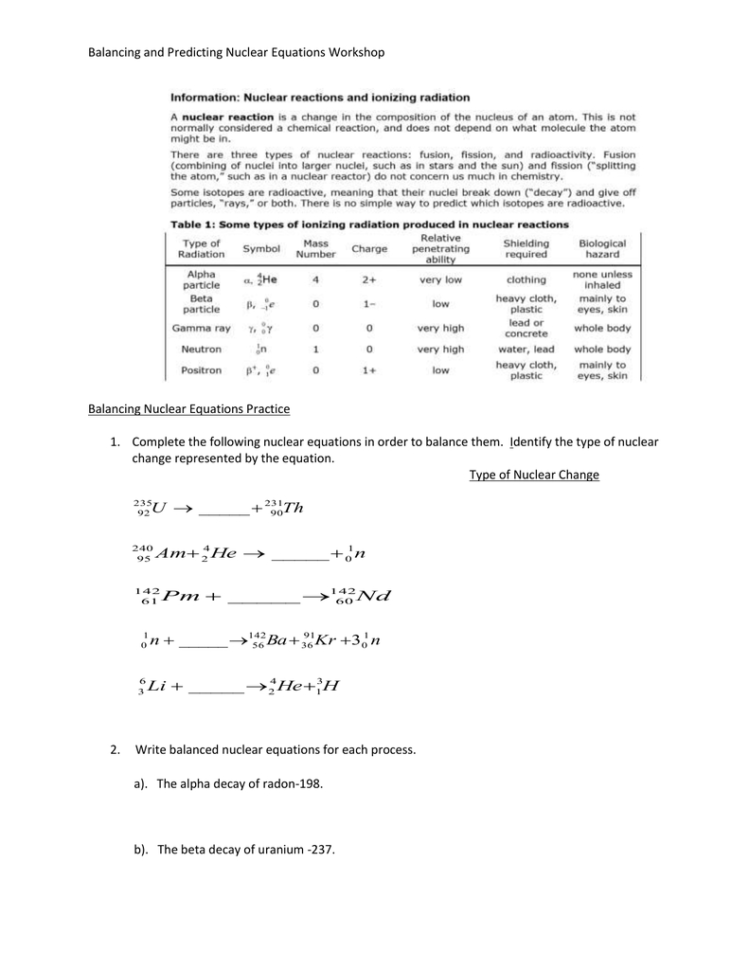 Balancing And Predicting Nuclear Equations Workshop