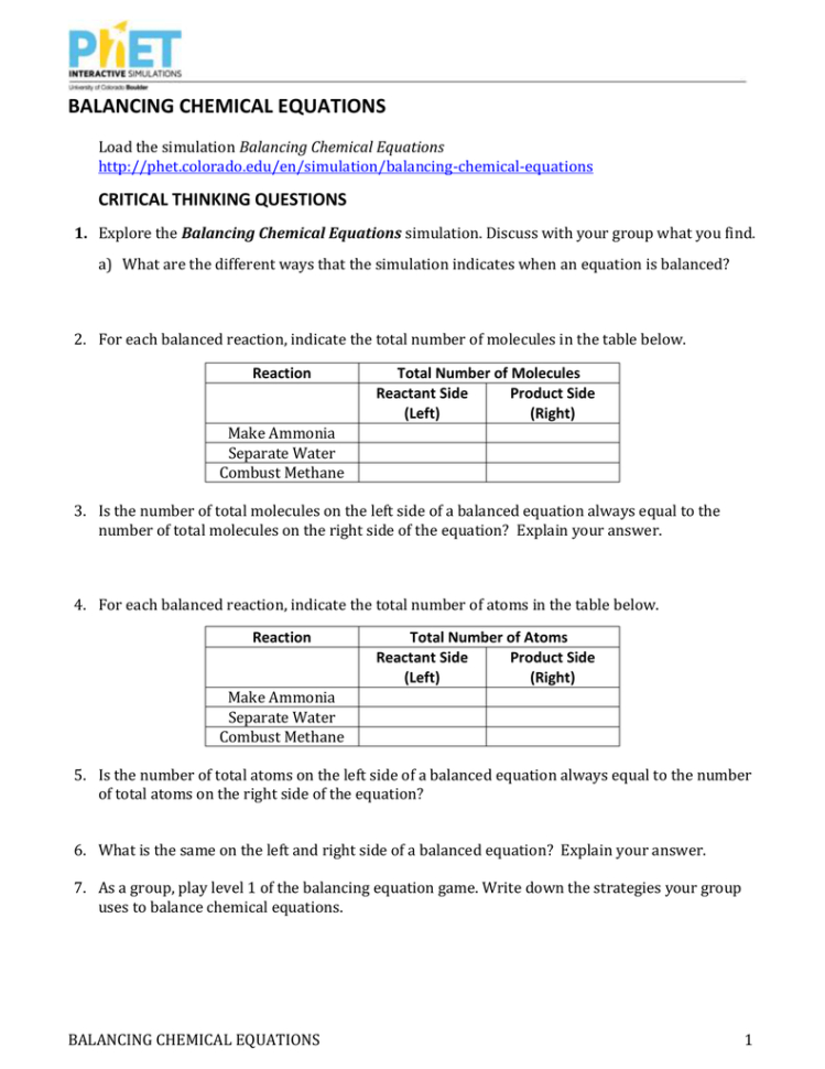 Balancing Chemical Equations Guided Inquirystudenthandout