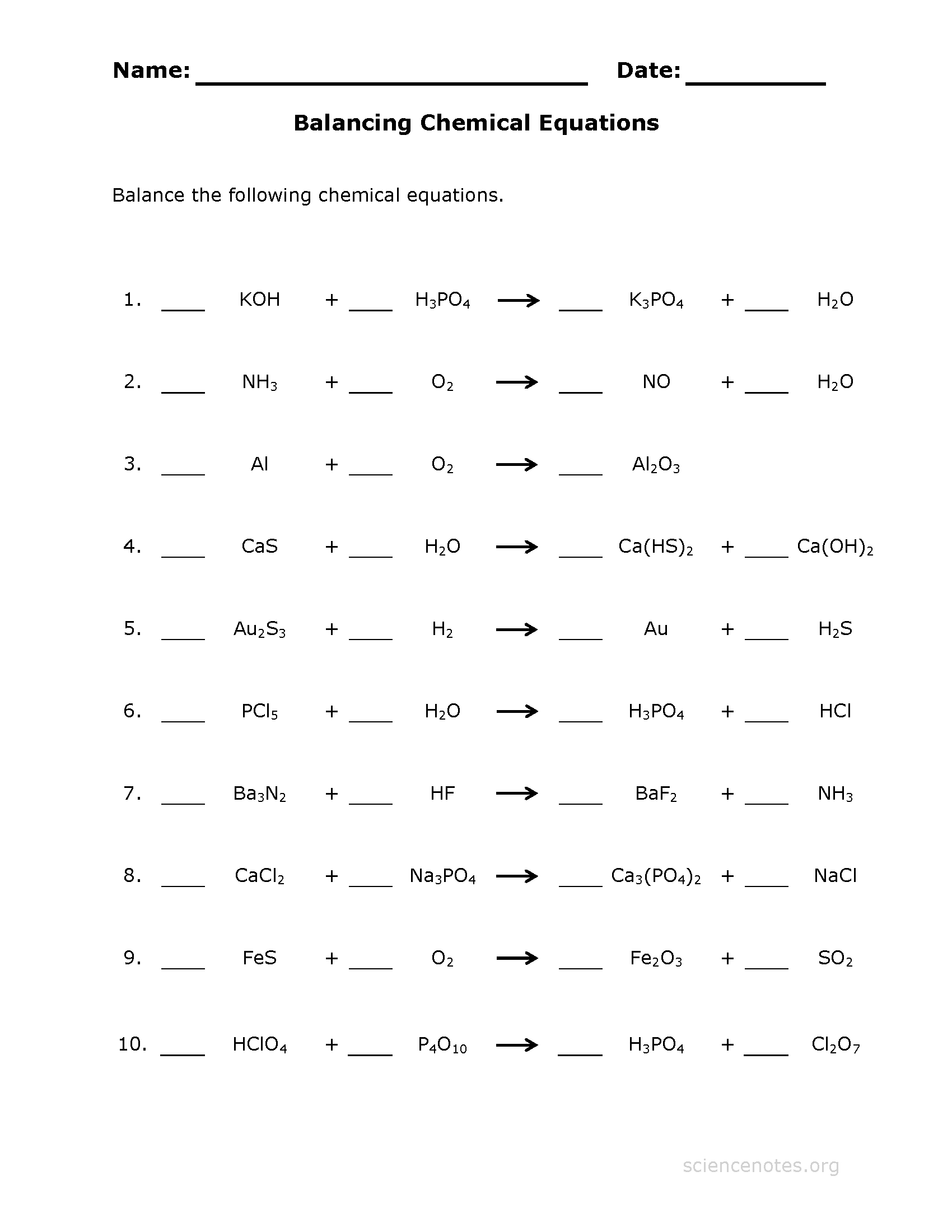 Balancing Chemical Equations Practice Worksheet — db-excel.com