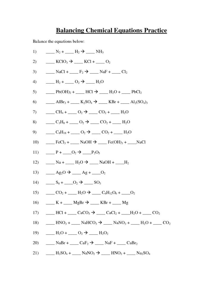 Balancing Chemical Equations Worksheet 1