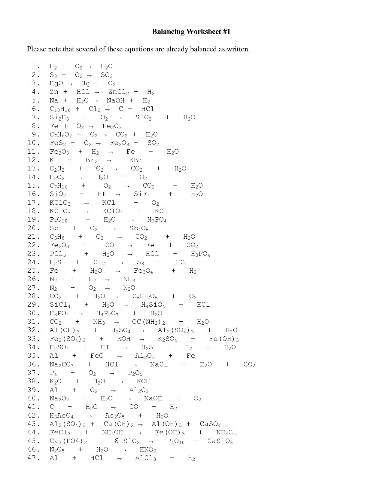 Balancing Chemical Equations Worksheet 1 Answer Key Electron Db excel